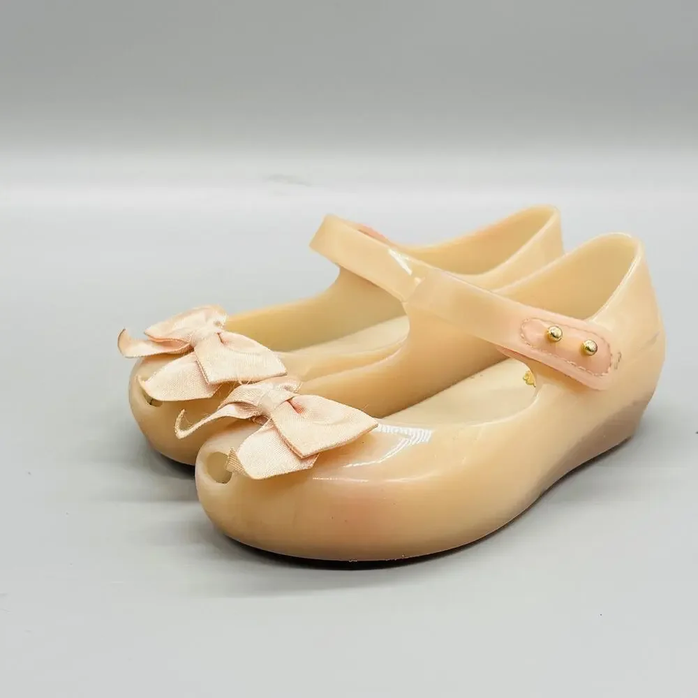 Mini Melissa Shoes Girls 8 Beige Jelly Mary Jane Bow Flat Dress Shoes Casual